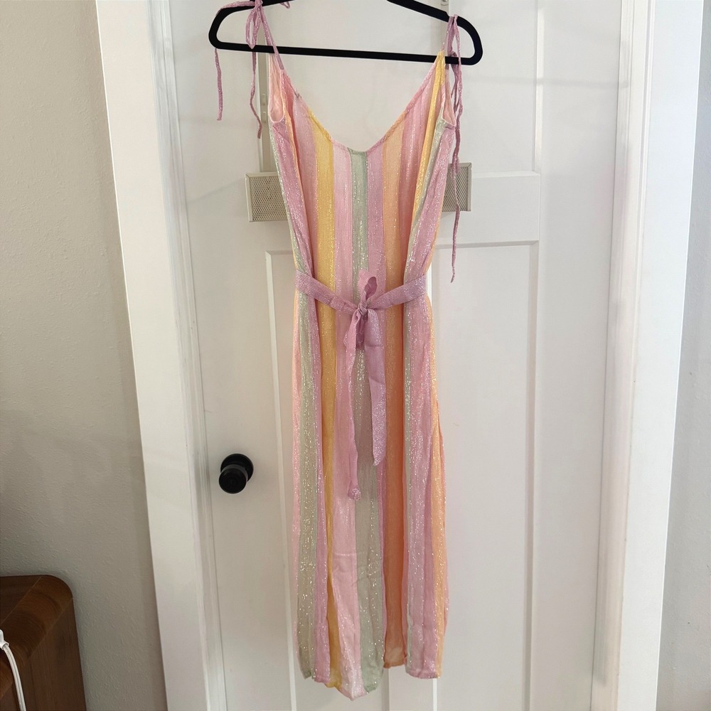 Sundress Cary Dress Marbella Mix Pastel Rainbow Metallic Stripe Midi Revolv XS/S